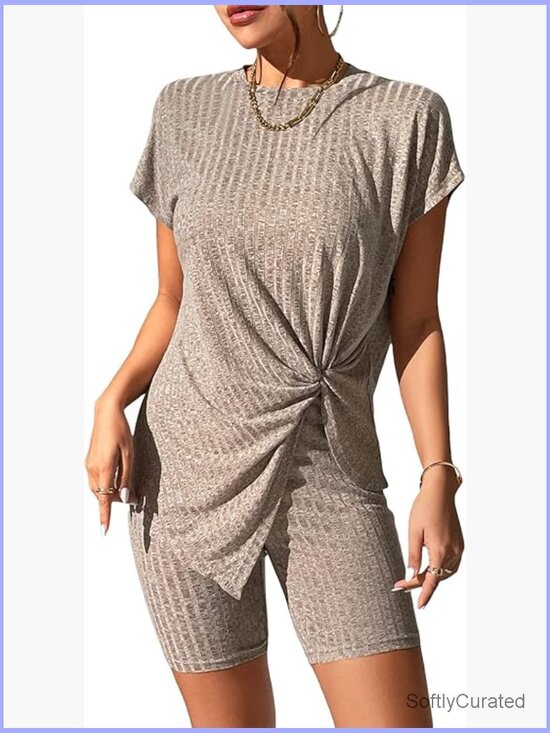 Pants - 2 Piece Ribbed Twist Top and Biker Shorts Set